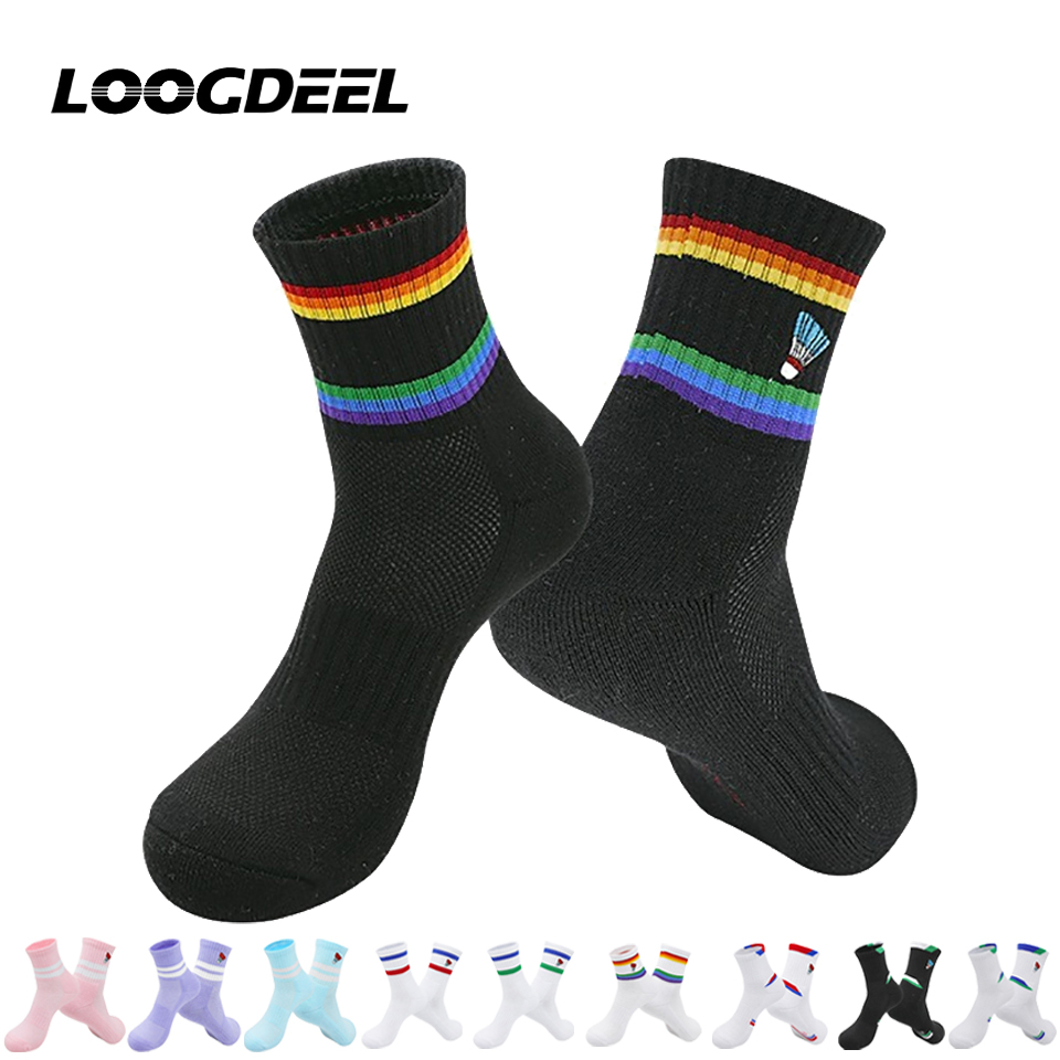 Ankle Support Badminton - Loogdeel コットン製、滑り止め付き、通気性のあるタオル地ソール、吸湿性、スポーツ用、プロフェッショナル、バドミントン用、クルーソックス、男女兼用。